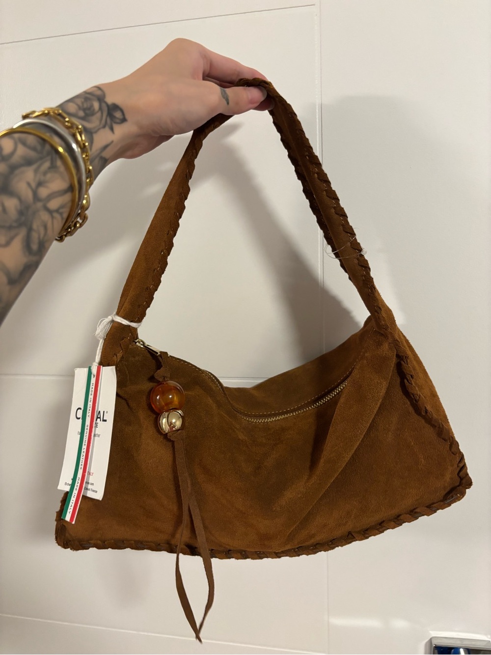 Cheval Firenze Italian Leather Suede Chestnut Slouchy Shoulder Bag